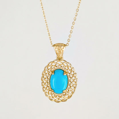 Oval Turquoise Pendant with Woven Openwork Frame