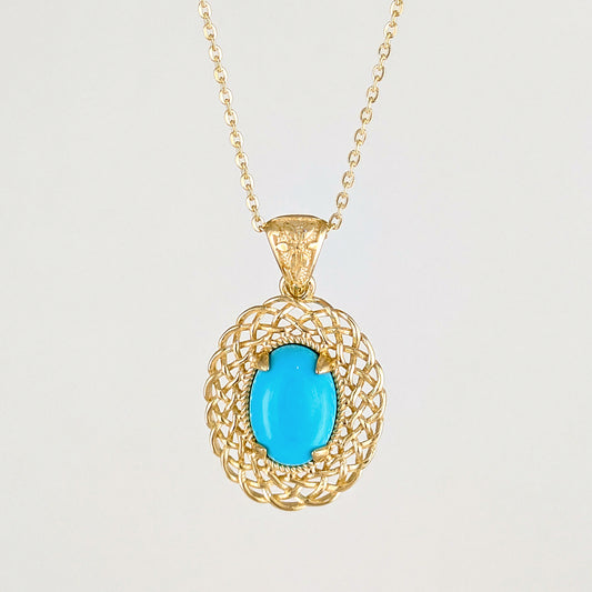 Oval Turquoise Pendant with Woven Openwork Frame