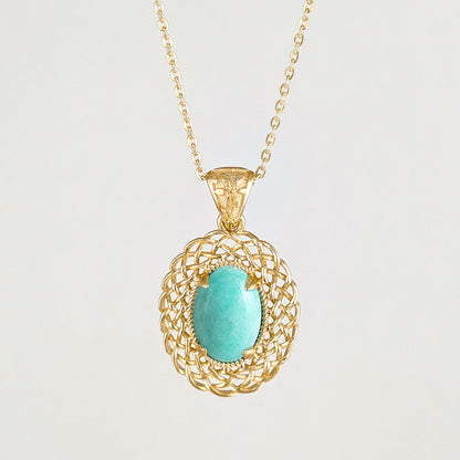 Oval Turquoise Pendant with Woven Openwork Frame