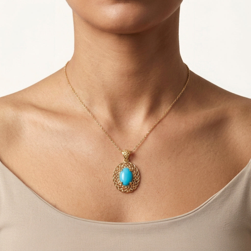 Oval Turquoise Pendant with Woven Openwork Frame