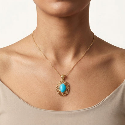 Oval Turquoise Pendant with Woven Openwork Frame