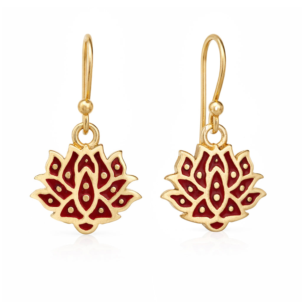 Red and Green Lotus Earrings Gold Enamel Lotus Flower Drop Earrings