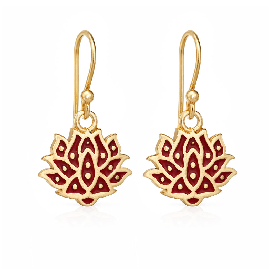 Red and Green Lotus Earrings Gold Enamel Lotus Flower Drop Earrings