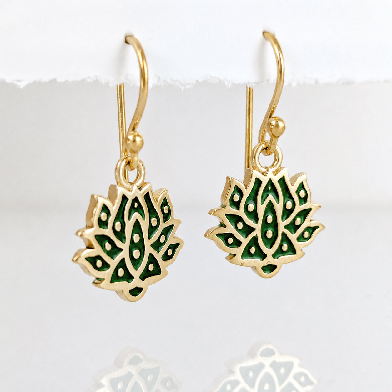 Red and Green Lotus Earrings Gold Enamel Lotus Flower Drop Earrings