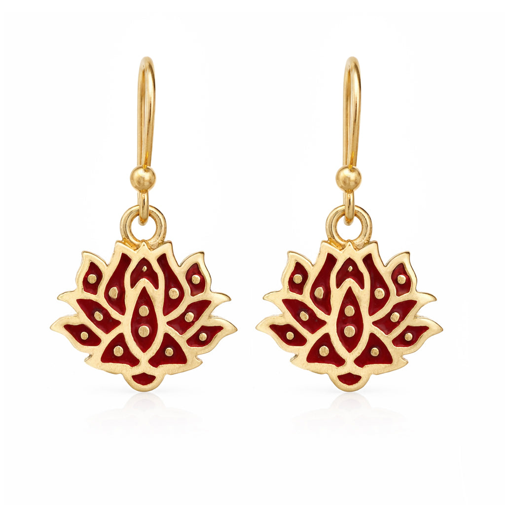 Red and Green Lotus Earrings Gold Enamel Lotus Flower Drop Earrings