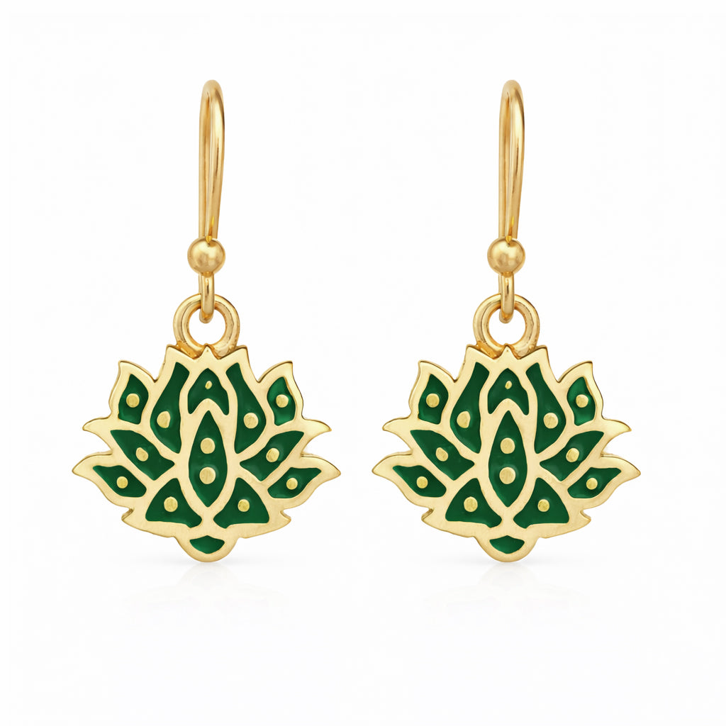 Red and Green Lotus Earrings Gold Enamel Lotus Flower Drop Earrings