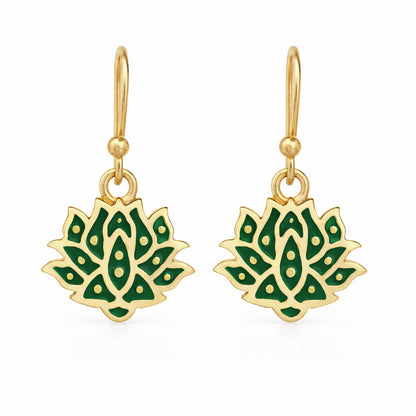 Red and Green Lotus Earrings Gold Enamel Lotus Flower Drop Earrings