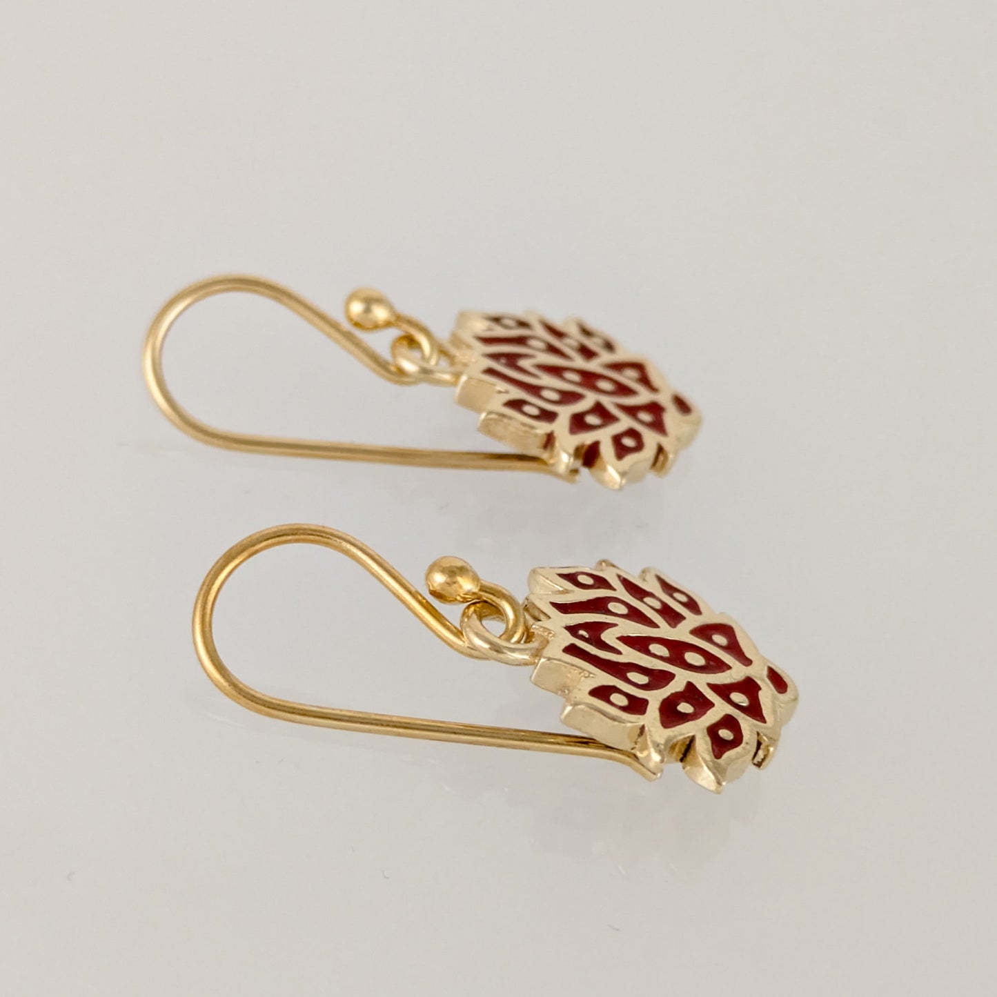 Red and Green Lotus Earrings Gold Enamel Lotus Flower Drop Earrings
