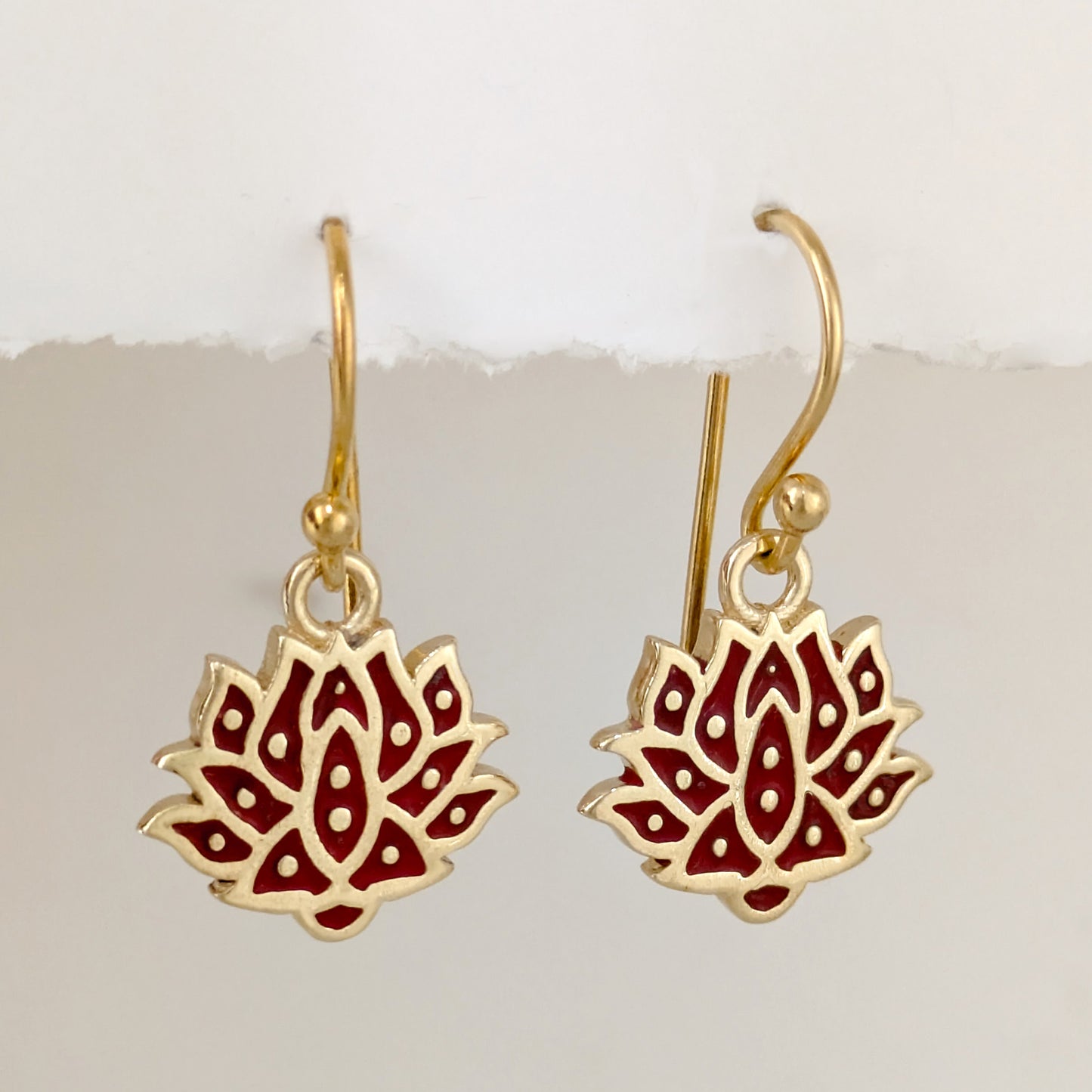 Red and Green Lotus Earrings Gold Enamel Lotus Flower Drop Earrings