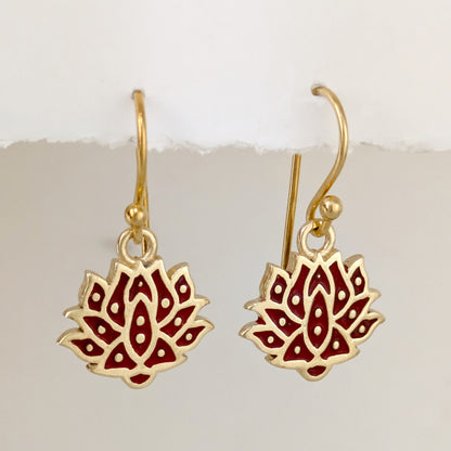 Red and Green Lotus Earrings Gold Enamel Lotus Flower Drop Earrings