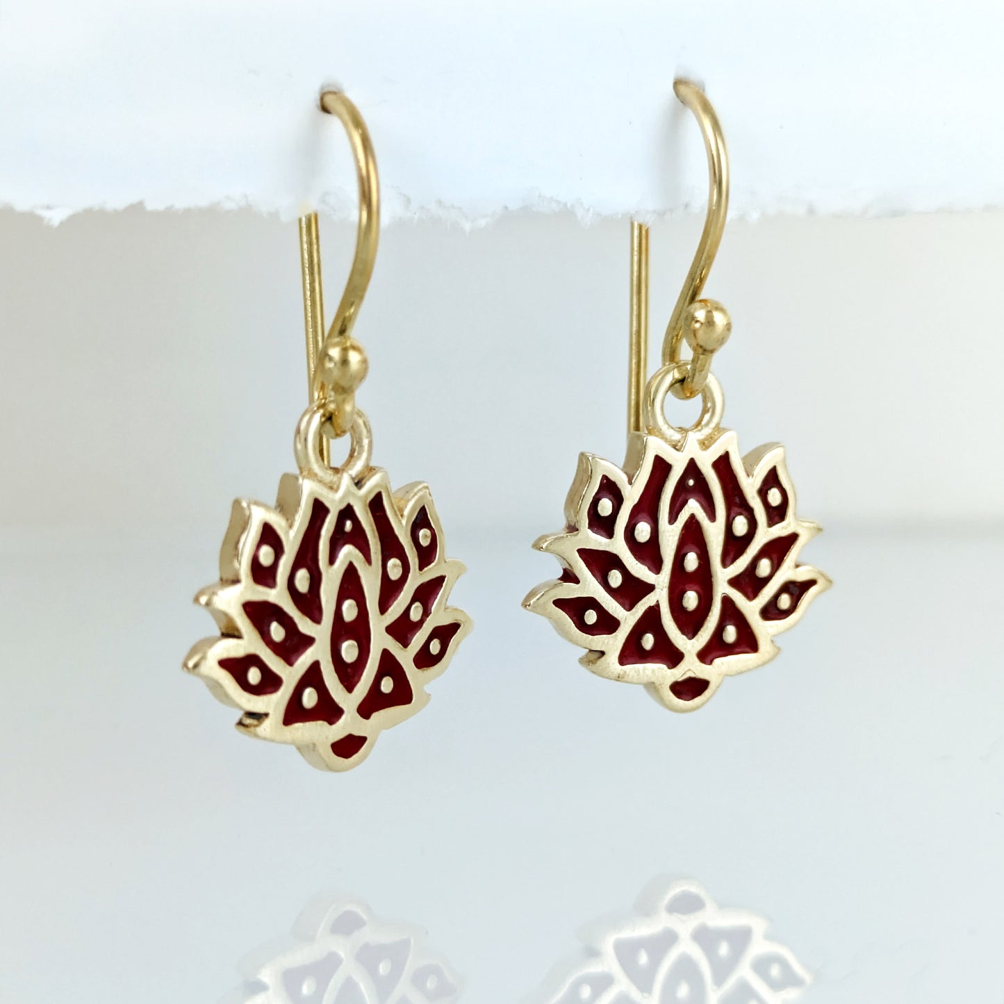 Red and Green Lotus Earrings Gold Enamel Lotus Flower Drop Earrings