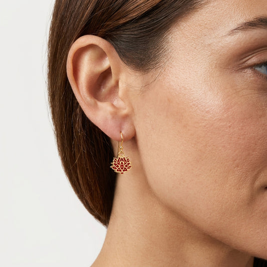 Red and Green Lotus Earrings Gold Enamel Lotus Flower Drop Earrings