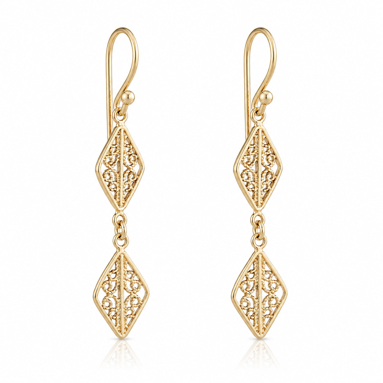 Double Diamond Filigree Drop Earrings