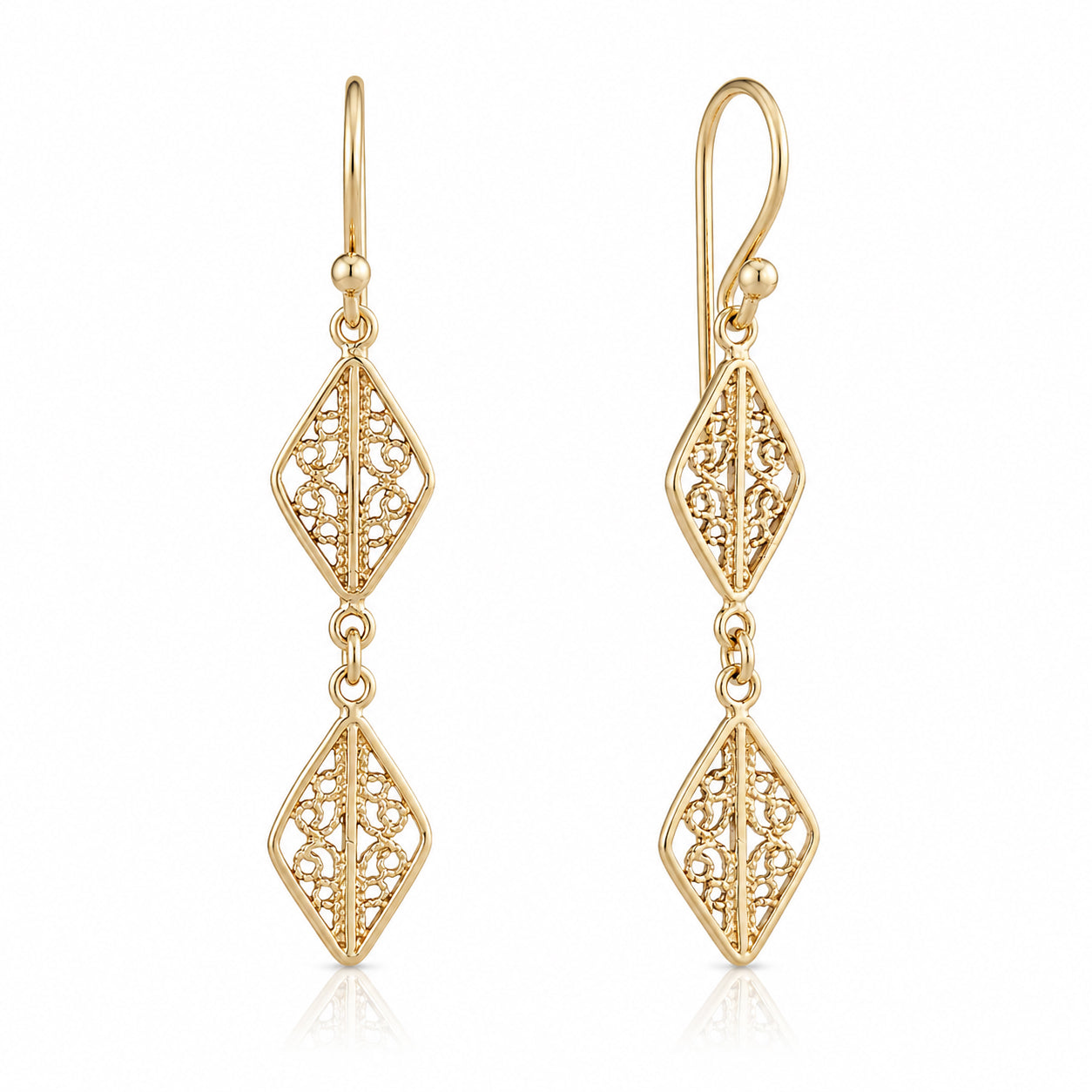 Double Diamond Filigree Drop Earrings