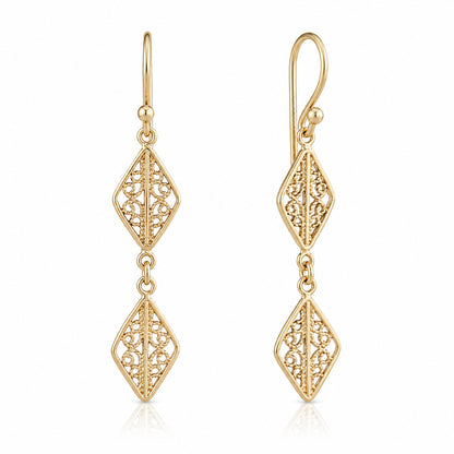 Double Diamond Filigree Drop Earrings