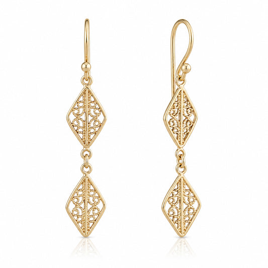 Double Diamond Filigree Drop Earrings