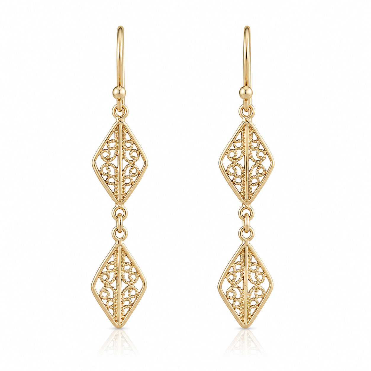 Double Diamond Filigree Drop Earrings