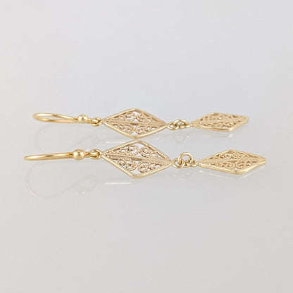 Double Diamond Filigree Drop Earrings