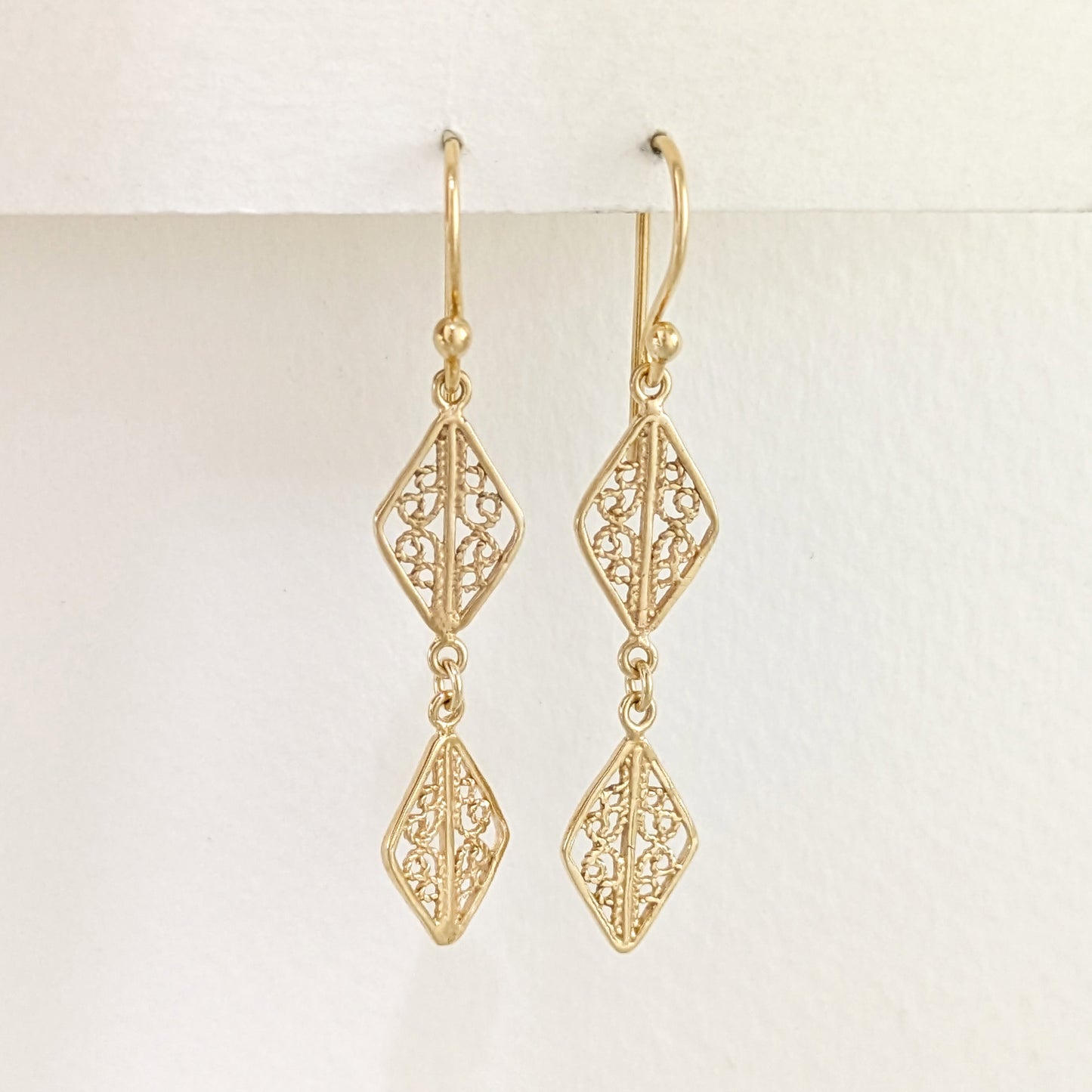 Double Diamond Filigree Drop Earrings