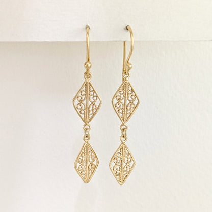 Double Diamond Filigree Drop Earrings