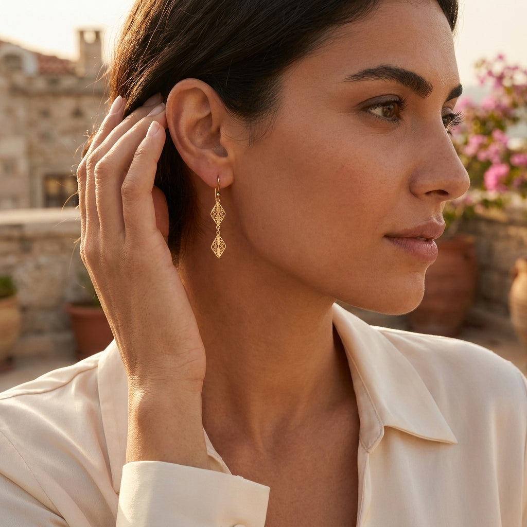 Double Diamond Filigree Drop Earrings