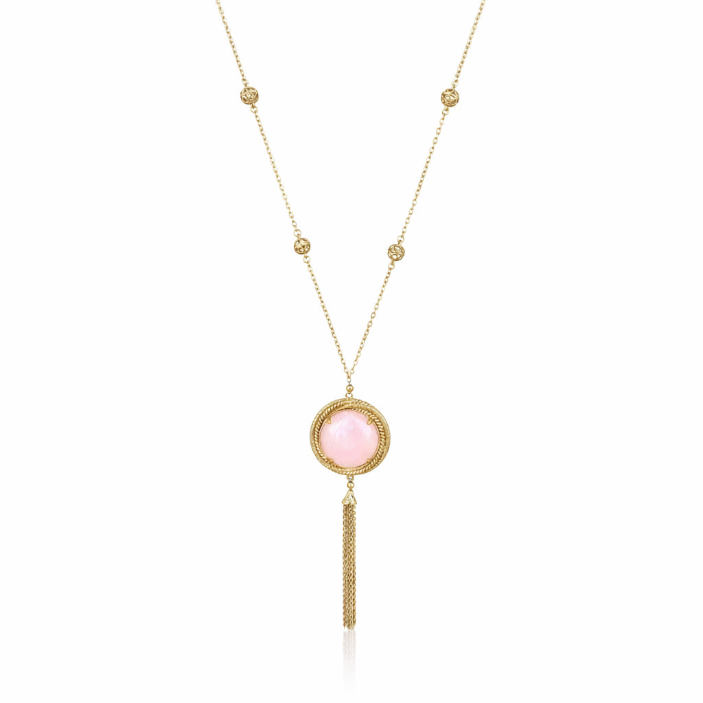 Rose Quartz Pendant Necklace with Tassel and Filigree Accents