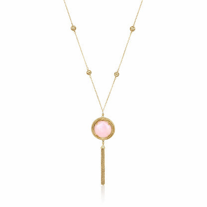 Rose Quartz Pendant Necklace with Tassel and Filigree Accents