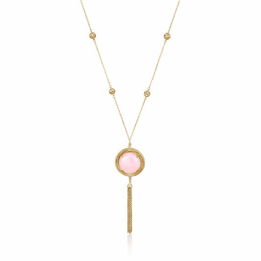 Rose Quartz Pendant Necklace with Tassel and Filigree Accents