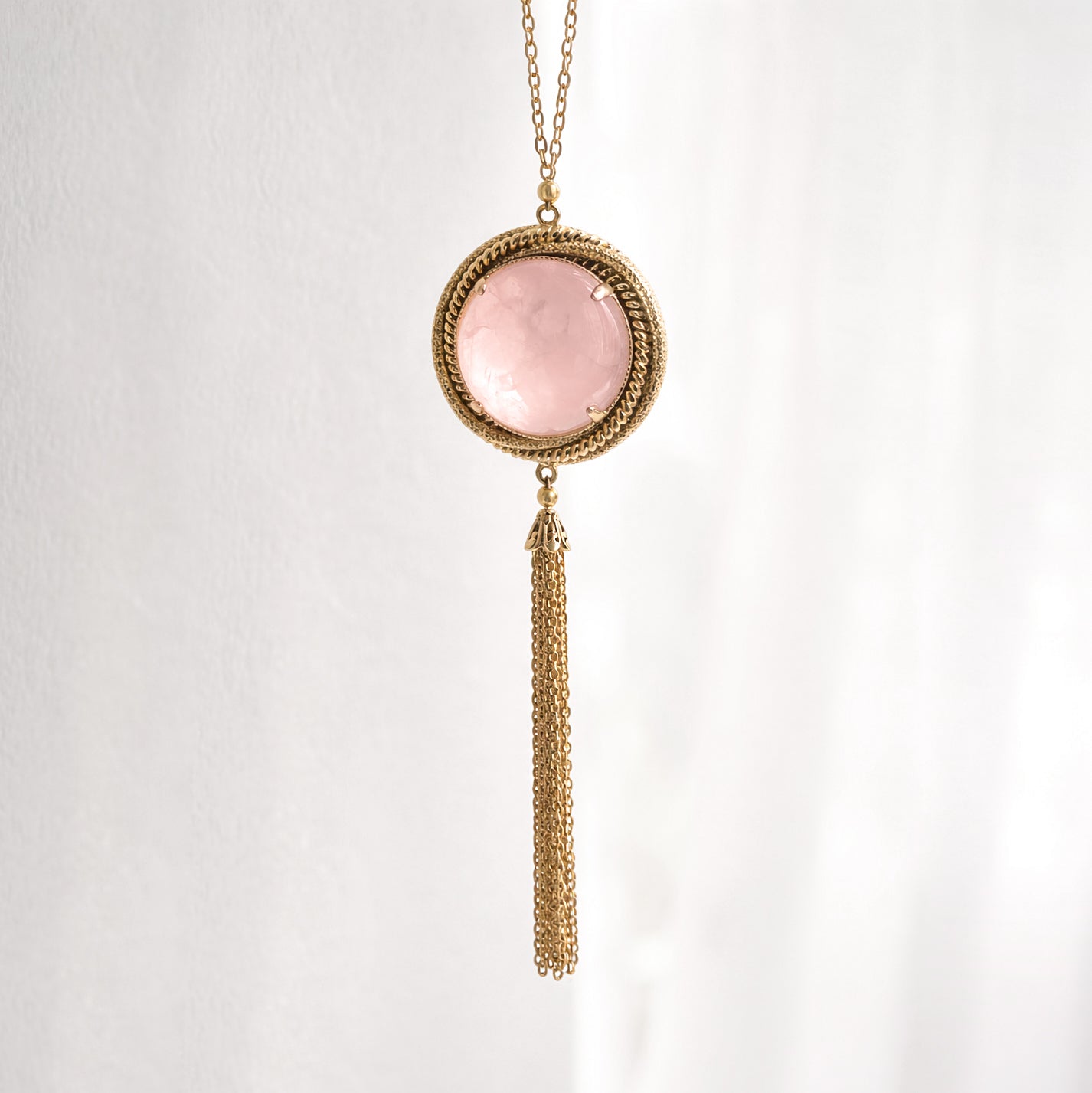 Rose Quartz Pendant Necklace with Tassel and Filigree Accents