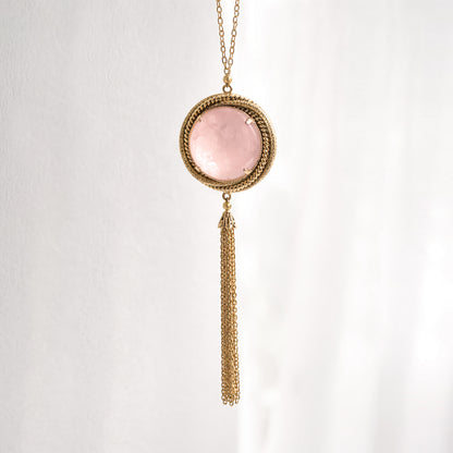 Rose Quartz Pendant Necklace with Tassel and Filigree Accents