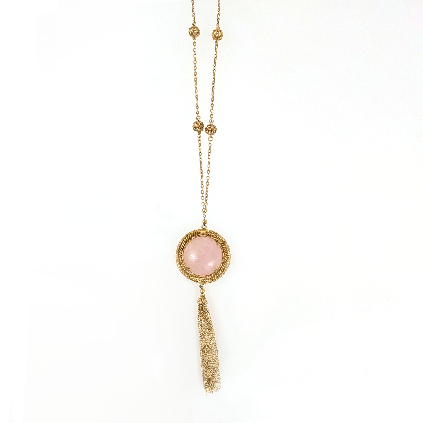 Rose Quartz Pendant Necklace with Tassel and Filigree Accents