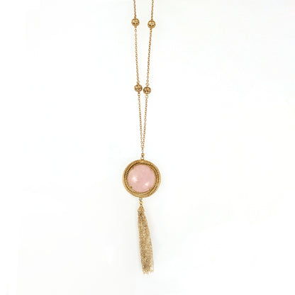 Rose Quartz Pendant Necklace with Tassel and Filigree Accents