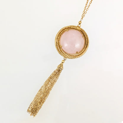 Rose Quartz Pendant Necklace with Tassel and Filigree Accents