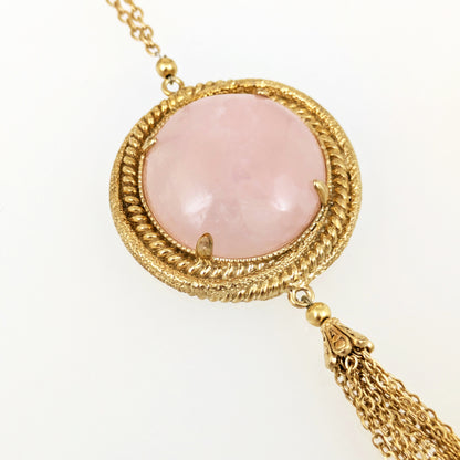 Rose Quartz Pendant Necklace with Tassel and Filigree Accents