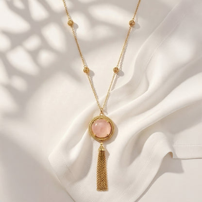 Rose Quartz Pendant Necklace with Tassel and Filigree Accents