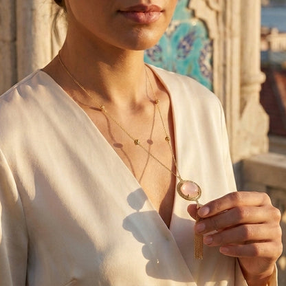 Rose Quartz Pendant Necklace with Tassel and Filigree Accents