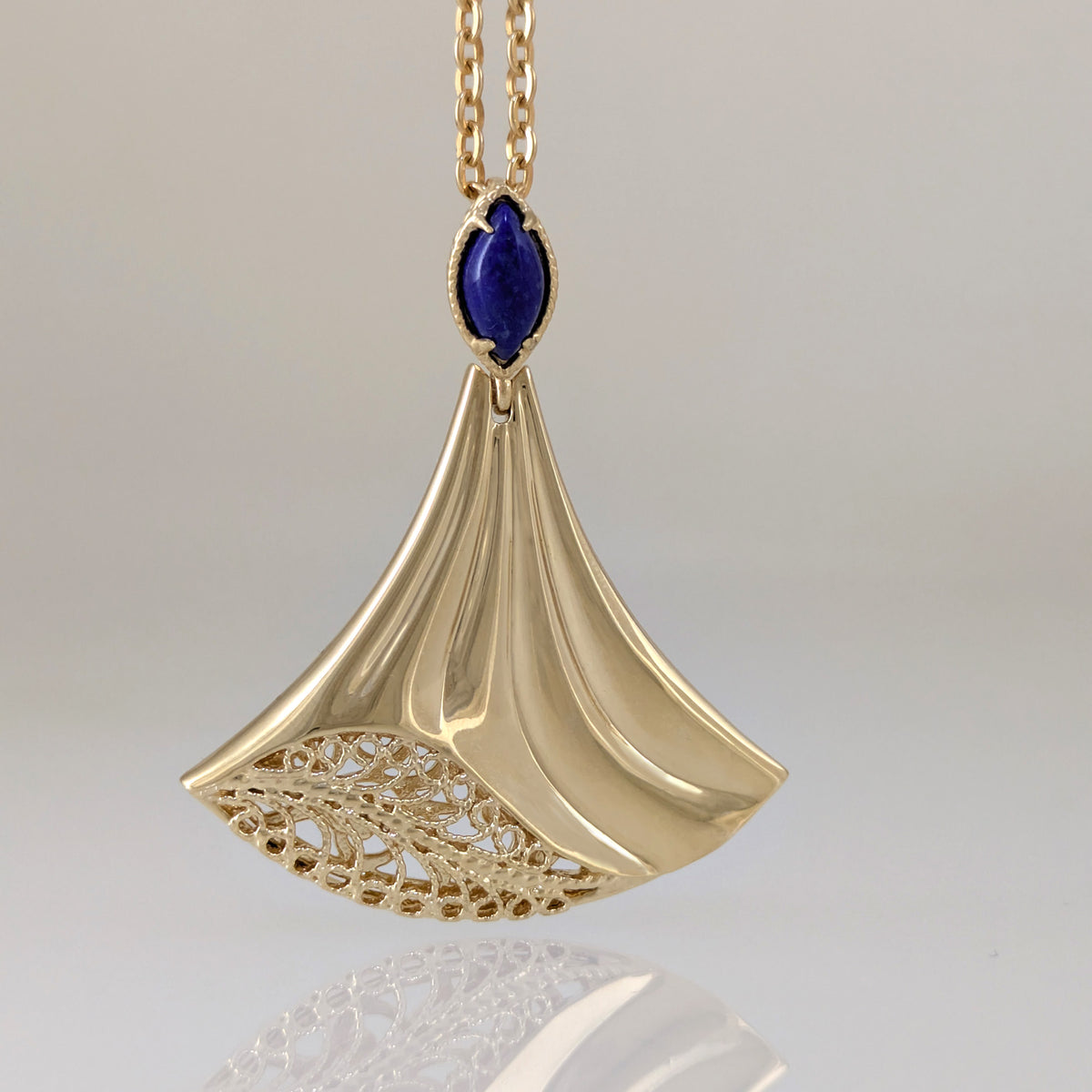 Rumi Fan Pendant Gold Statement Necklace Lapis Lazuli or Mother of Pearl