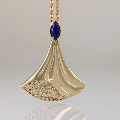 Rumi Fan Pendant Gold Statement Necklace Lapis Lazuli or Mother of Pearl