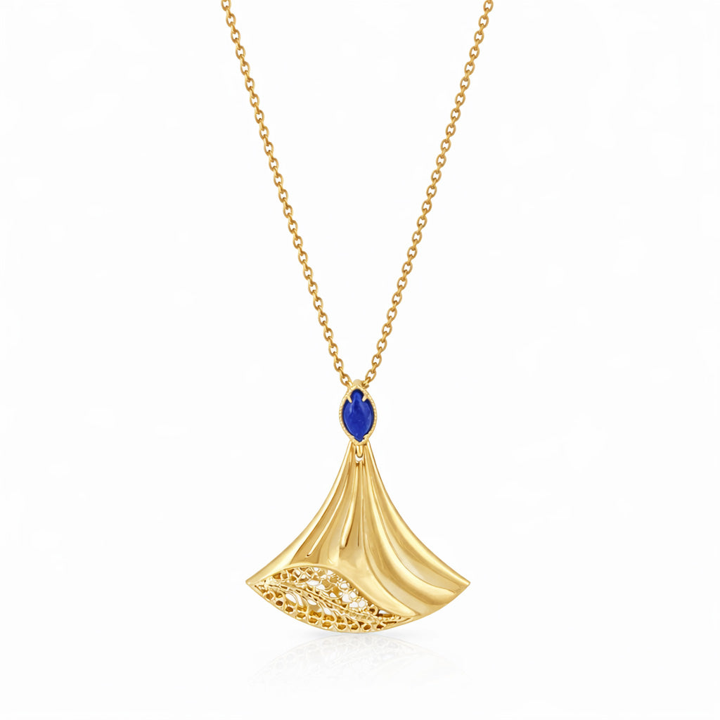 Rumi Fan Pendant Gold Statement Necklace Lapis Lazuli or Mother of Pearl