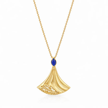 Rumi Fan Pendant Gold Statement Necklace Lapis Lazuli or Mother of Pearl