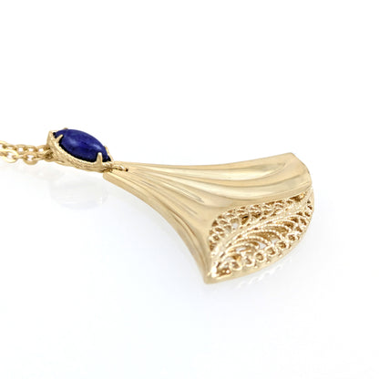 Rumi Fan Pendant Gold Statement Necklace Lapis Lazuli or Mother of Pearl