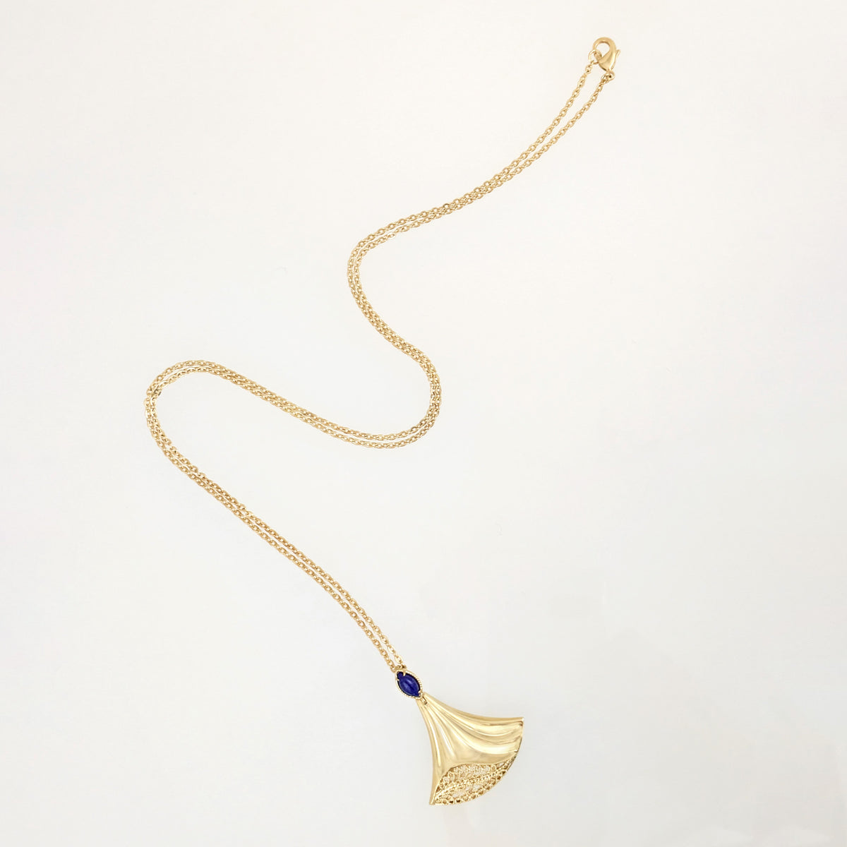 Rumi Fan Pendant Gold Statement Necklace Lapis Lazuli or Mother of Pearl