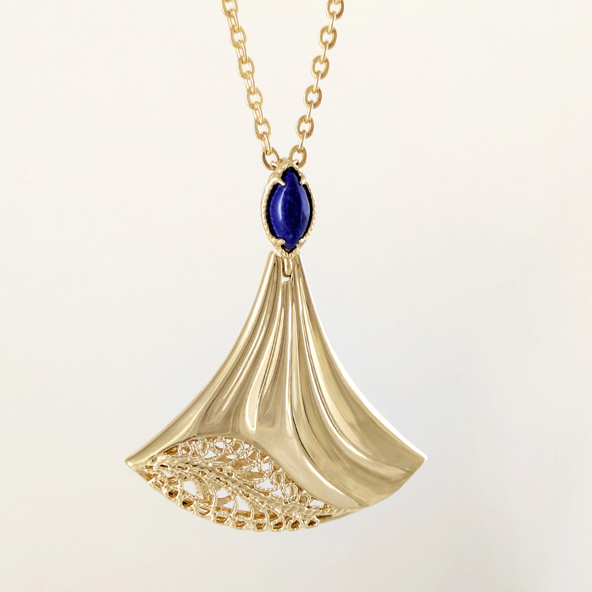 Rumi Fan Pendant Gold Statement Necklace Lapis Lazuli or Mother of Pearl