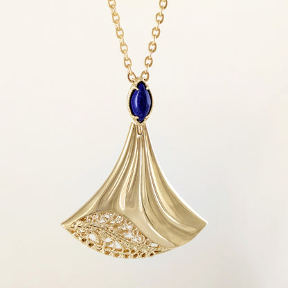 Rumi Fan Pendant Gold Statement Necklace Lapis Lazuli or Mother of Pearl