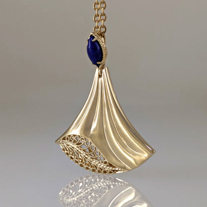 Rumi Fan Pendant Gold Statement Necklace Lapis Lazuli or Mother of Pearl