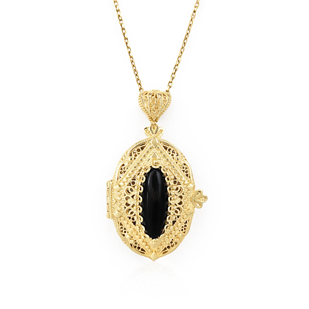 Oval Filigree Locket Pendant Black Onyx