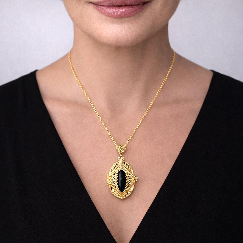 Oval Filigree Locket Pendant Black Onyx