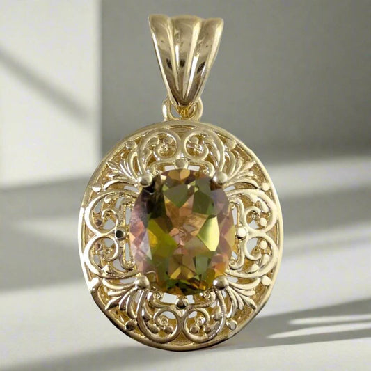 Scrollwork Oval Pendant with 10x12mm Diaspore Color Quartz Gemstone - TurkishBling