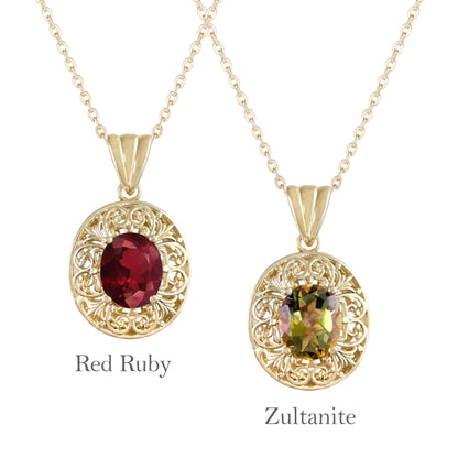 Scrollwork Pendant with Zultanite, Morganite and Tanzanite Colored Oval Quartz Gemstone