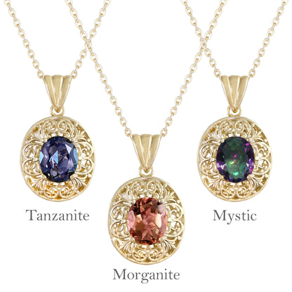 Scrollwork Pendant with Zultanite, Morganite and Tanzanite Colored Oval Quartz Gemstone